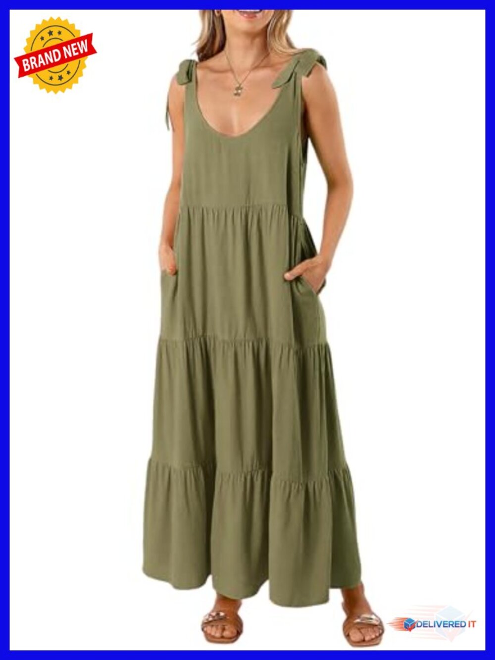 Cotton Linen Midi Beach Dress Sleeveless Tiered Ruffle Pocket